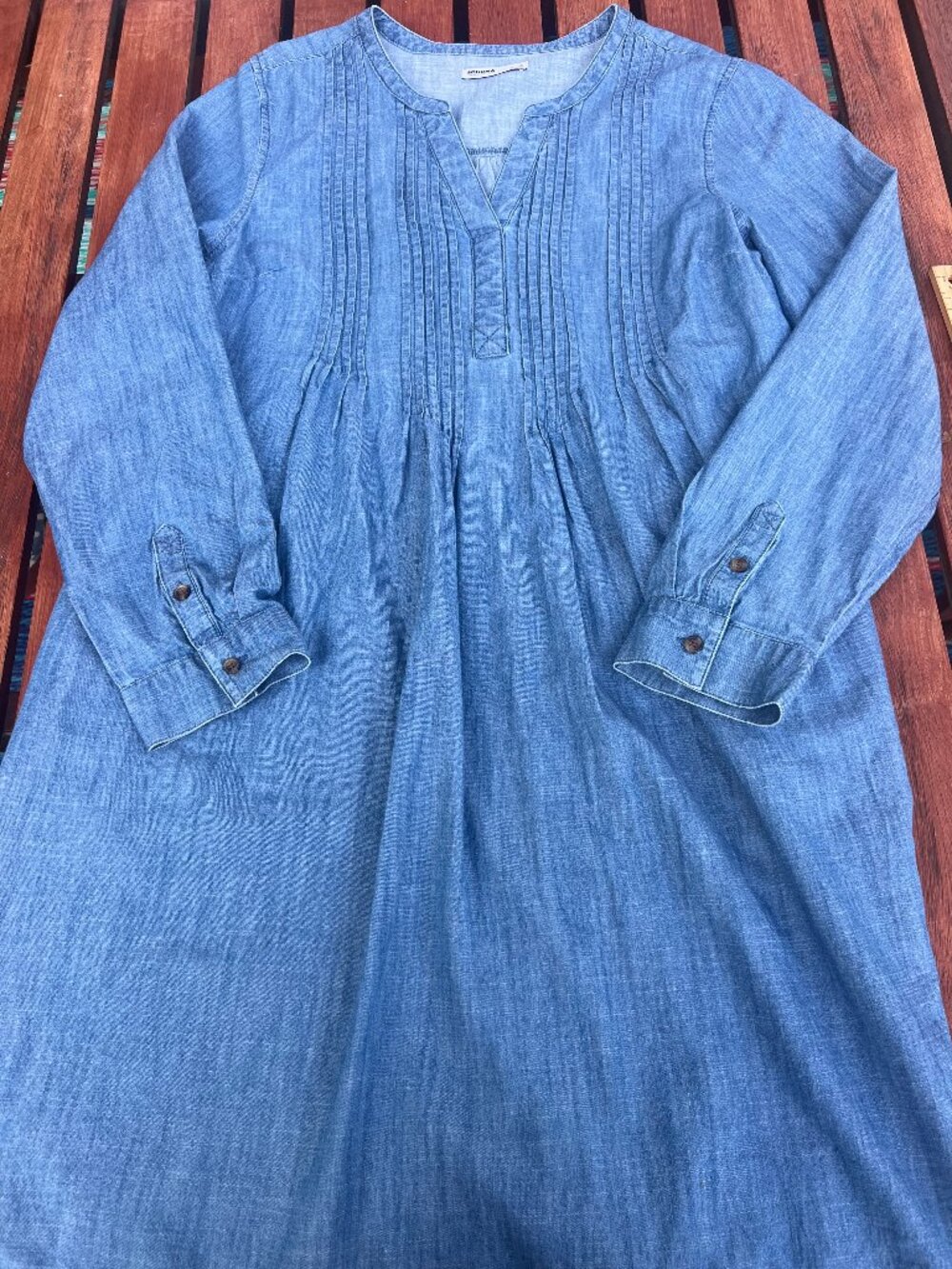 chambray denim pintuck dress long sleeves side pockets LG